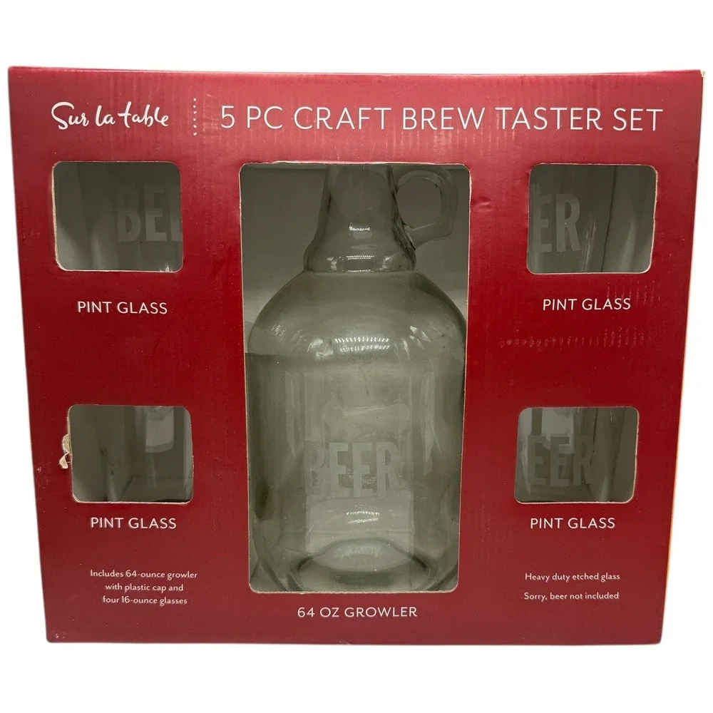Sur La Table 5 Piece Craft Brew Taster Set Growler Four Pint Glasses Etched